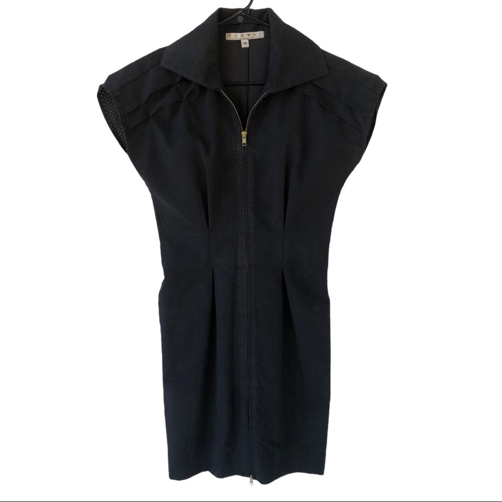 Runway Virtual Runway Connection Collared Full Front Zip Eyelet Dress Black Sz M